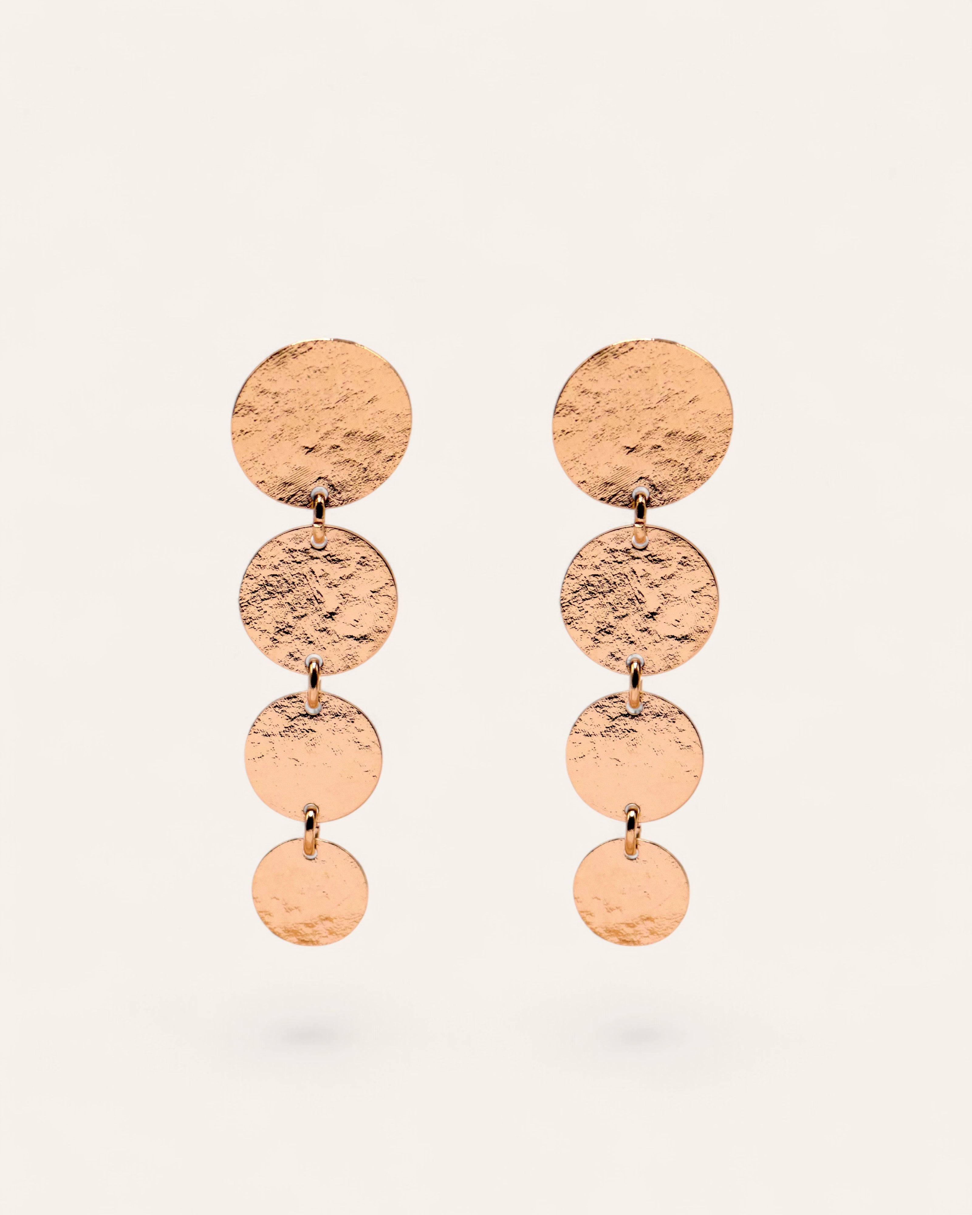 Aglaia gold-plated brass drop earrings with four hammered discs, 5.8cm length.