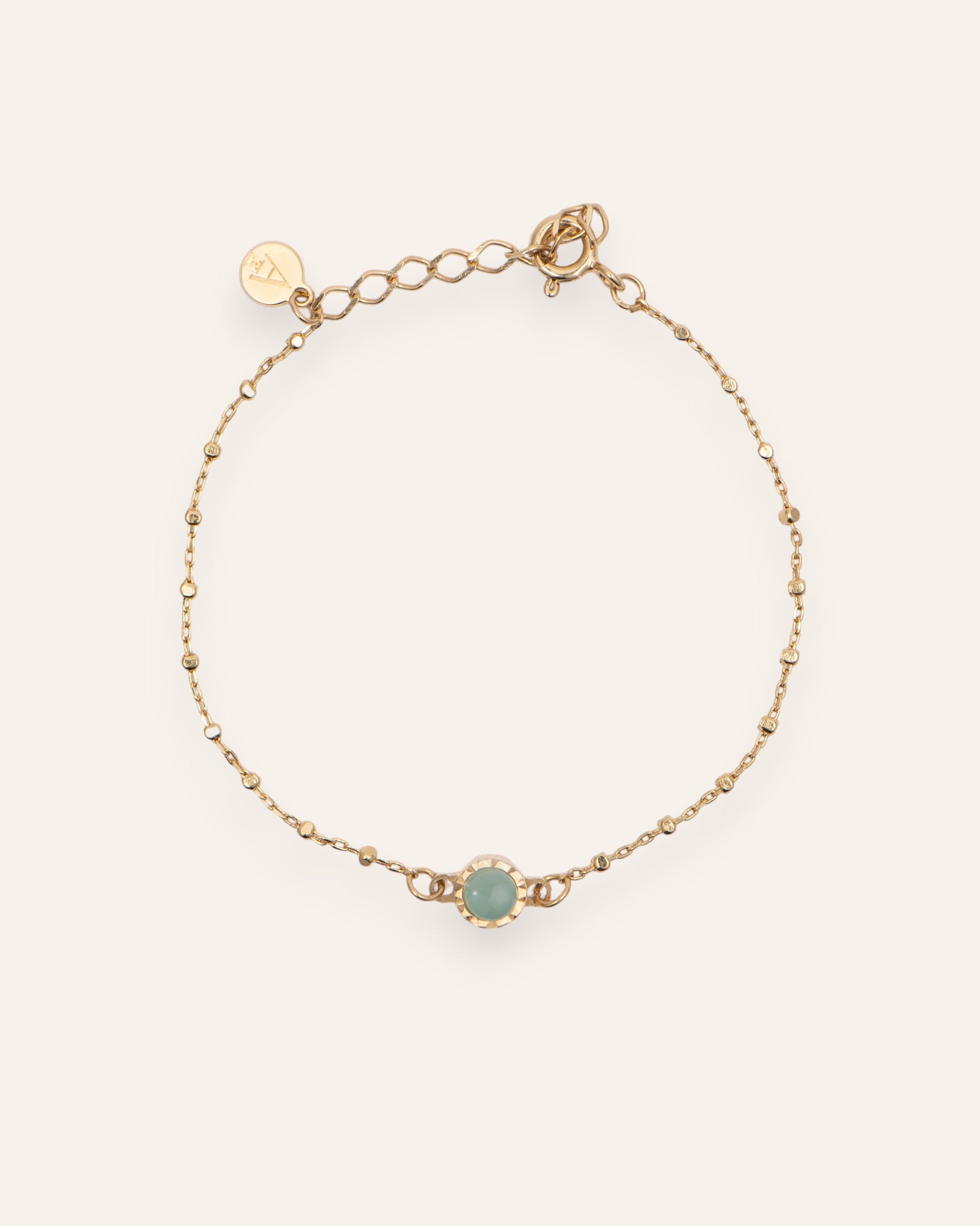 Bracelet Solitaire Pierre de Naissance Mai Plaqué Or 18ct / Calcédoine Verte 