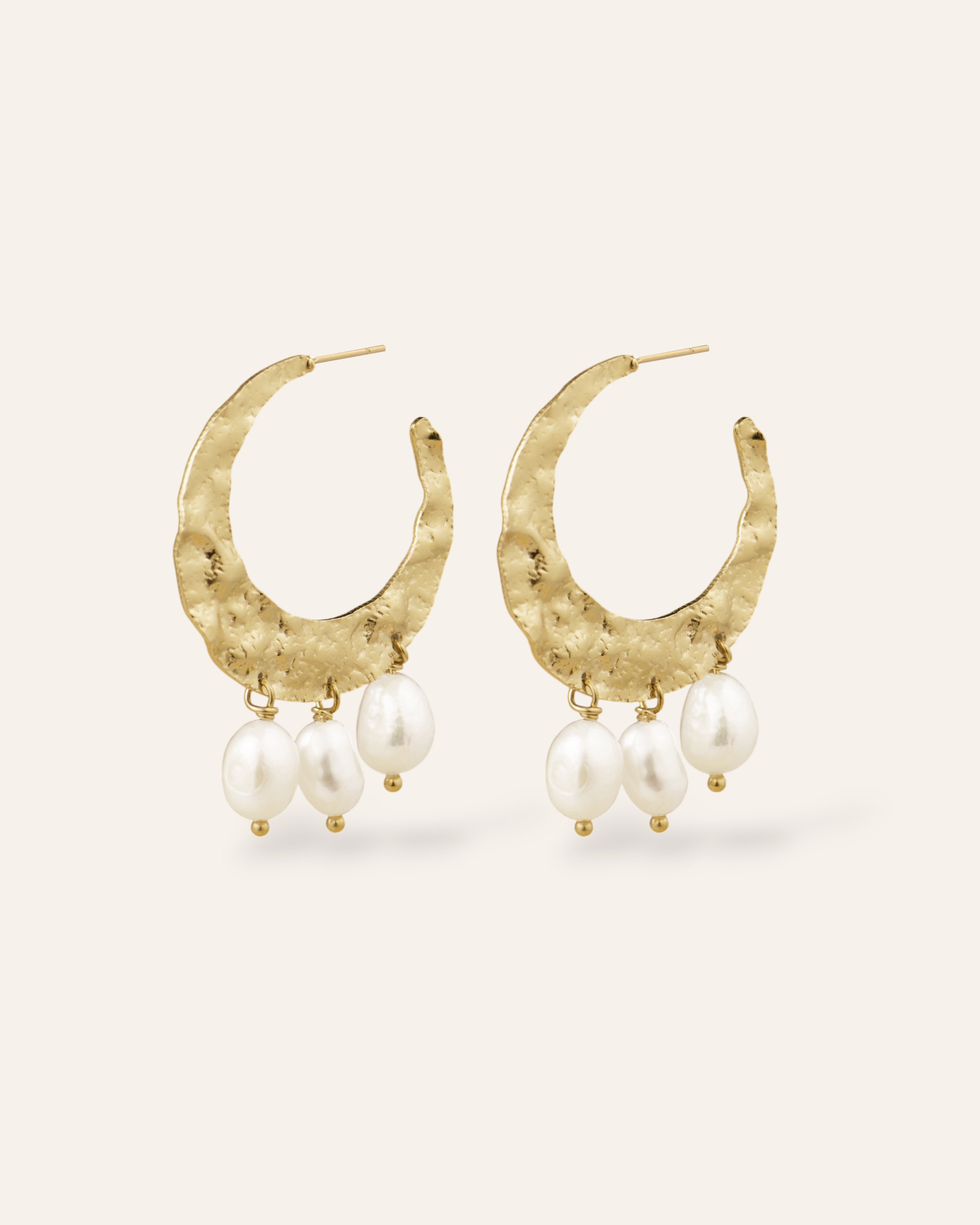 Créoles Lune en Perles Salie Doré à l'Or Fin 24ct / Perle